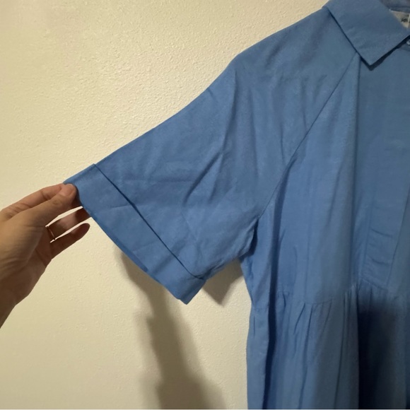 MNG Mango Frill Cotton Shirt Dress Blue Midi Linen Blend Tiered A-Line NWT-8 - Picture 5 of 10